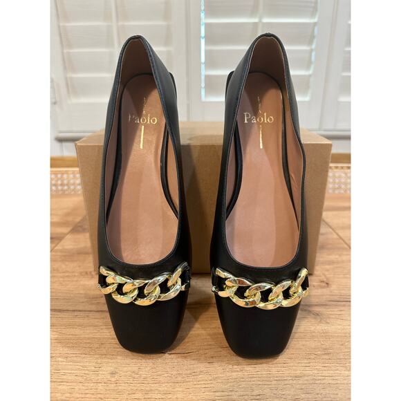 Linea Paolo Natalie Black Flats Size 7 NWOB Gold Chain Detail Unique Heel - Picture 5 of 12